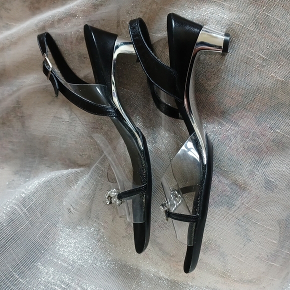 VINTAGE 70'S ONEX BLACK CLEAR AND LUCITE SLINGBACK HEEL SZ 7 (38) - Picture 2 of 4